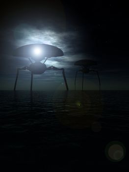A set of alien tripods in a dark moonlit ocean scene.
