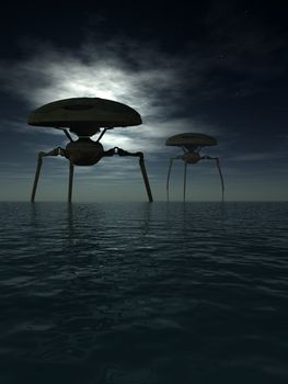 A set of alien tripods in a dark moonlit ocean scene.
