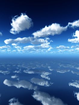 A view of the sky reflected in a surface.
