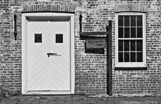 An old Wheelright Shop in Allaire Village, New Jersey. Allaire village was a bog iron industry town in New Jersey during the early 19th century. Photo is in Black and White.
