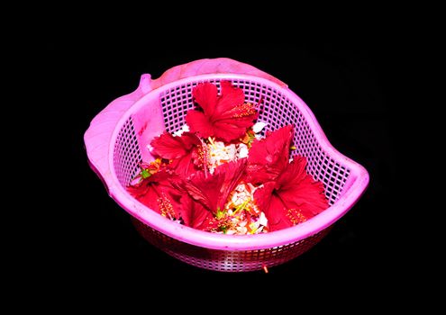 Freshly picked bowl of colorful tropical flowers 