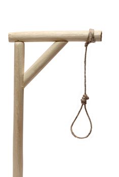 Closeup of wooden gibbet with loop on white background