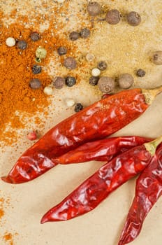 dried peppers and other kind of peppers spices on a brown background