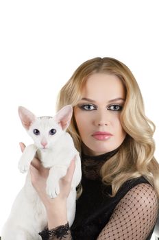 beauty young blond woman with oriental shorthair cat on a white