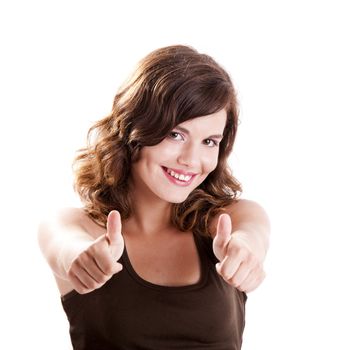 Beautiful young girl with thumbs up, isolated on white