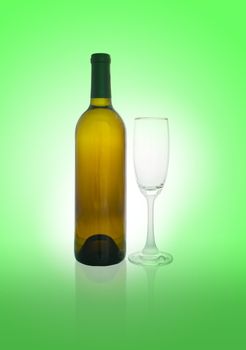 Empty bottles and glasses of wine on green background