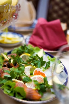 Sea Food mini set with caviar and salmon on table