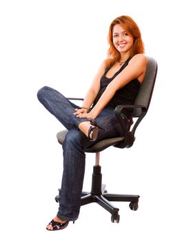 Cheerul Secretary sitting on office chair isolated on white