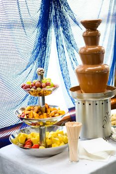 chocolate fondue on banquet table with fruits