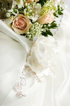 Bride's bouquet made of tea roses macro shot