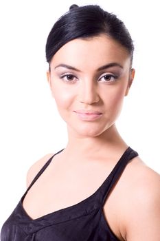 Closeup portrait of young woman with evening makeup isolated