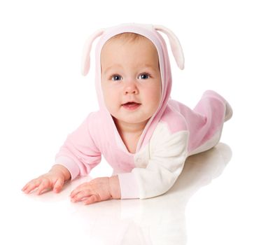 six month baby wearing bunny suit isolated on white