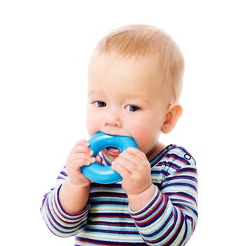 Six month Baby chewing toy isolated on white