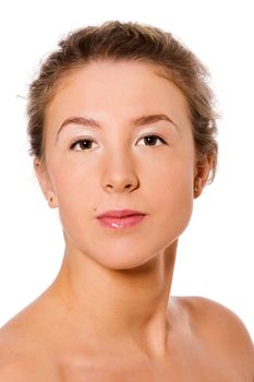 Closeup portrait of young woman with curly hair isolated