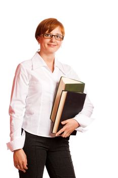 Happy woman holding big heavy books isolated on white