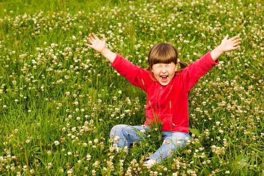 Little girl wearing red closes and ponytails sitting in meadow