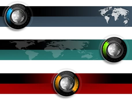 Three technological banners or backgrounds with globe and map