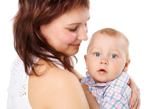 Mother looking at one year son isolated on white