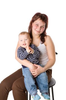 Happy mother holding one year son isolated on white