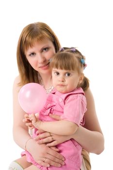 Mother and daughter posing together isolated on white