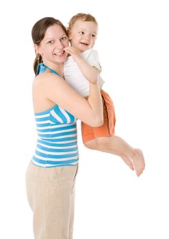 Mother holding son having fun isolated on white