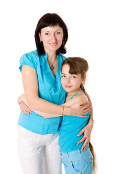 Mother and daughter holding together isolated on white