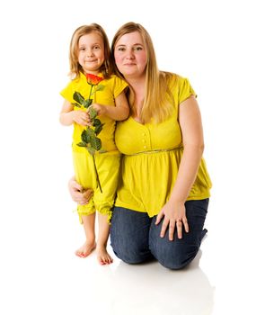 mother and daughter posing together isolated on white