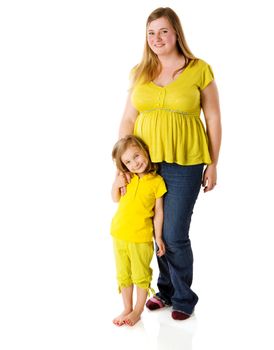 mother and daughter posing together  isolated on white