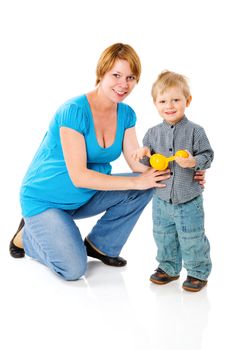 Mother playing with child isolated on white