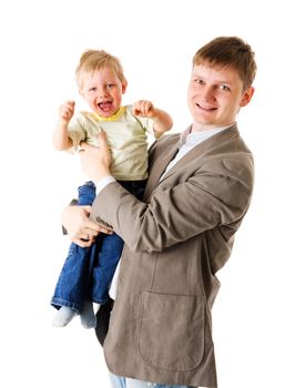 Happy father holding two years son isolated on white