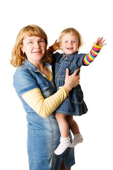 Mother holding daughter both happy isolated on white