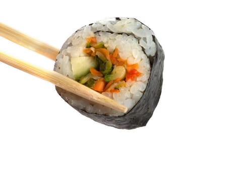 Sushi with chopsticks shot isolated on white