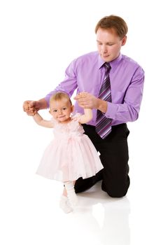 Father with baby girl posing isolated on white