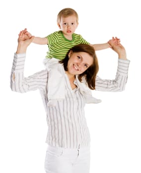 Happy Mother holding son on shoulders isolated on white