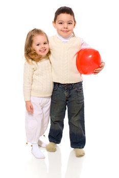 Brother and sister standing together isolated on white