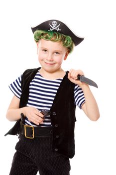 Boy wearing pirate costume holding knife isolated on white