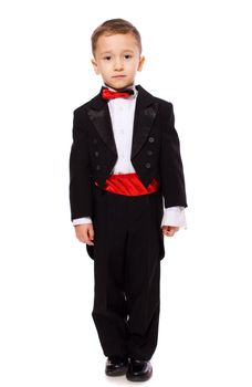 Little Boy wearing tuxedo portrait isolated on white