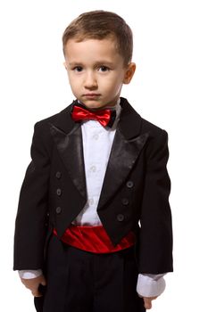 Little Boy wearing tuxedo portrait isolated on white