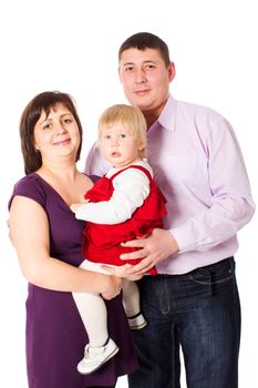 Happy Family posing with daughter together isolated on white