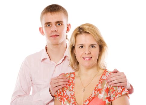 Mother and grown son together isolated on white