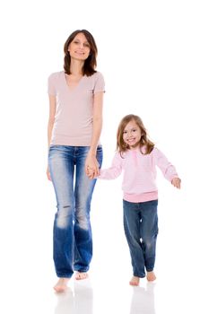 Mother and daughter smiling walking together isolated