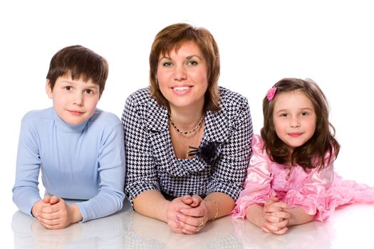 Happy Family mother and two kids isolated on white