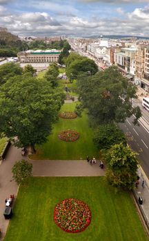 A view of Princes street and the gardens in Edinburgh, Scotland, photographed from the Scott monument.