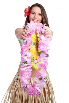 Beautiful girl holding tropical lei
