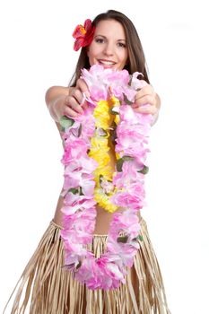 Beautiful girl holding tropical lei