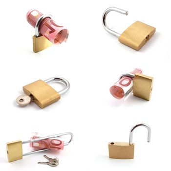 money and padlock collection isolated on a white background
