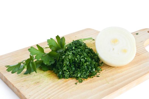 onion and chopped parsley isolated on white background with clipping path