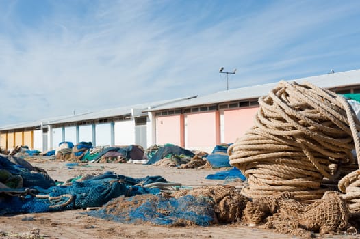 Fishing tackle on the pier of a Mediterranean harbour