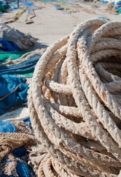 Fishing tackle on the pier of a Mediterranean harbour