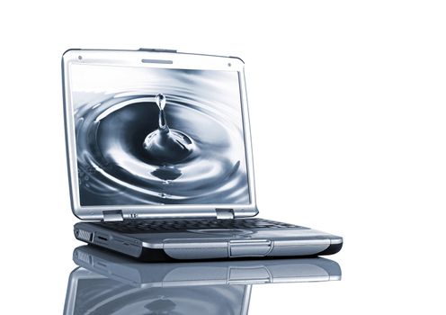 Open Laptop on a desk with relfection with a image of a waterdrop on the display